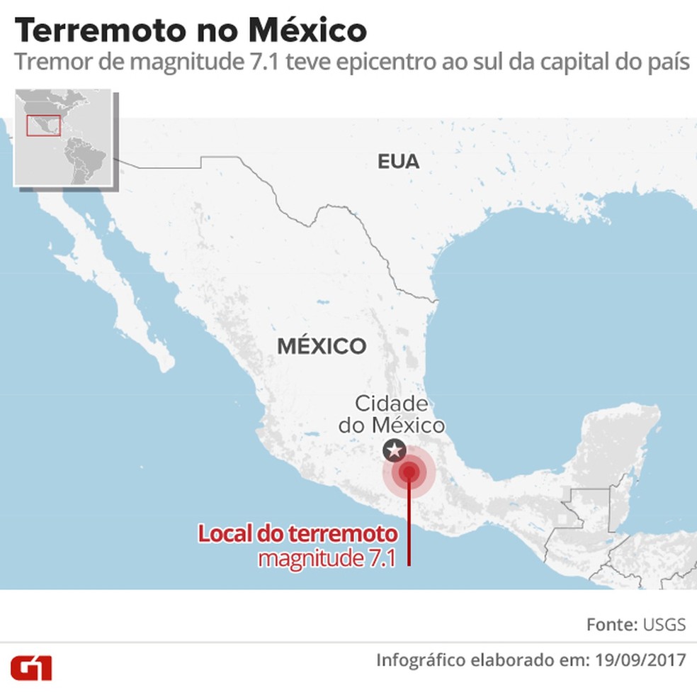 Terremoto com magnitude de 7,1 deixou mais de 200 mortos no México, nesta terça-feira (Foto: Arte/G1)