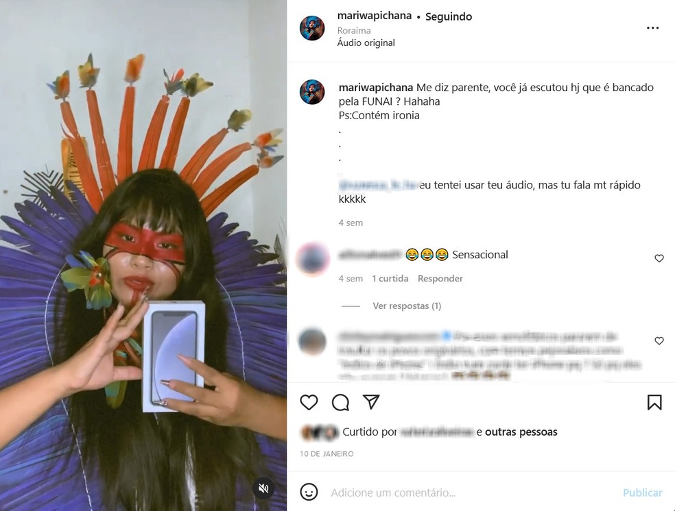Em um de seus vídeos, Mari ironiza fakes news  — Foto: Reprodução/Instagram/Mari Wapichana