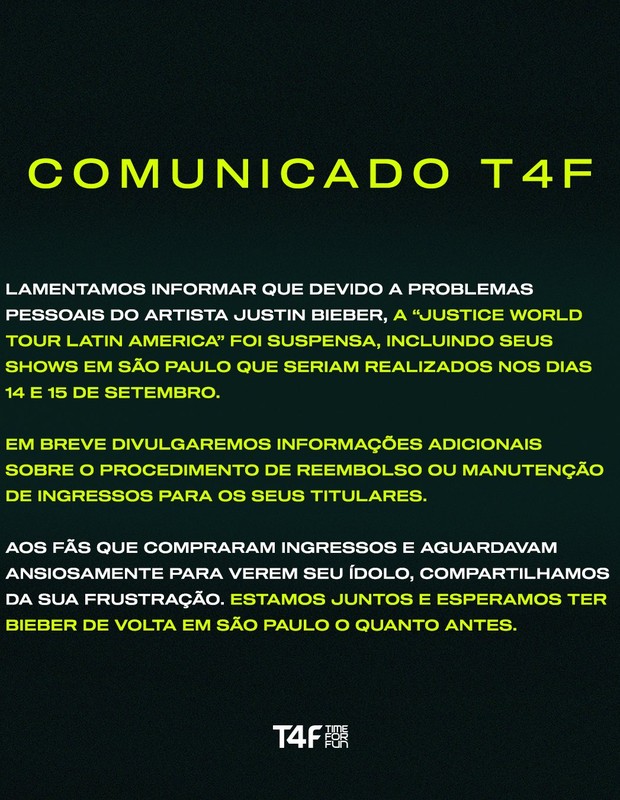 Publicação da T4F (Foto: Reprodução/T4F)