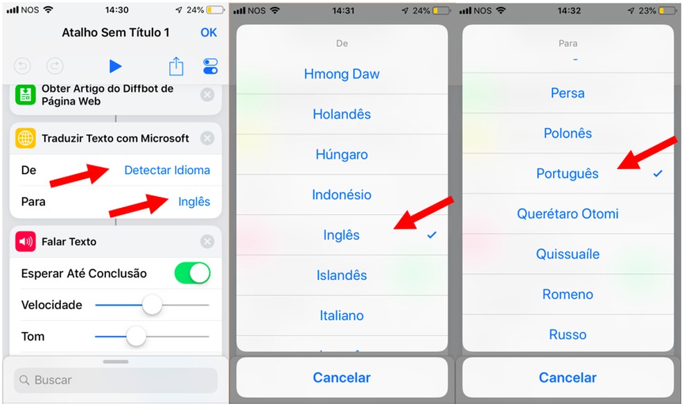 Escolha o idioma que quiser para as traduções a partir do app Atalhos — Foto: Reprodução/Isabella Rocha  