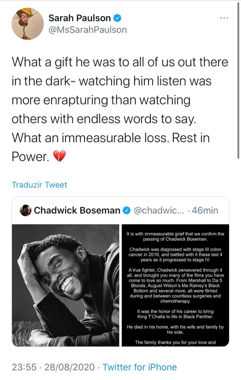 Sarah Paulson lamenta morte de Chadwick Boseman (Foto: Reprodução/Twitter)