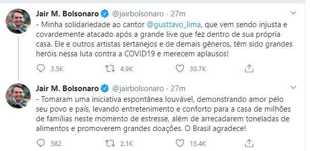 Bolsonaro envia mensagem a Gusttavo Lima (Foto: Reprodução / Twitter)