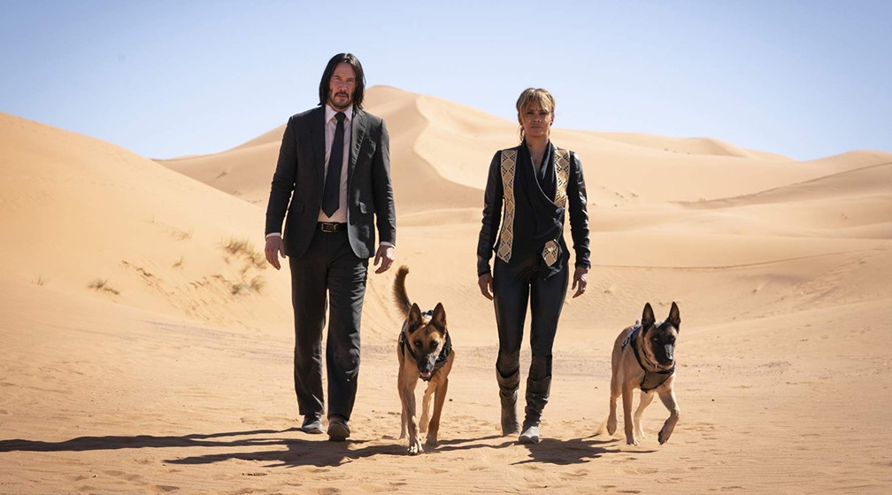 Keanu Reeves, Halle Berry e dois cachorros em cena de 'John Wick 3: Parabellum' — Foto: Divulgação