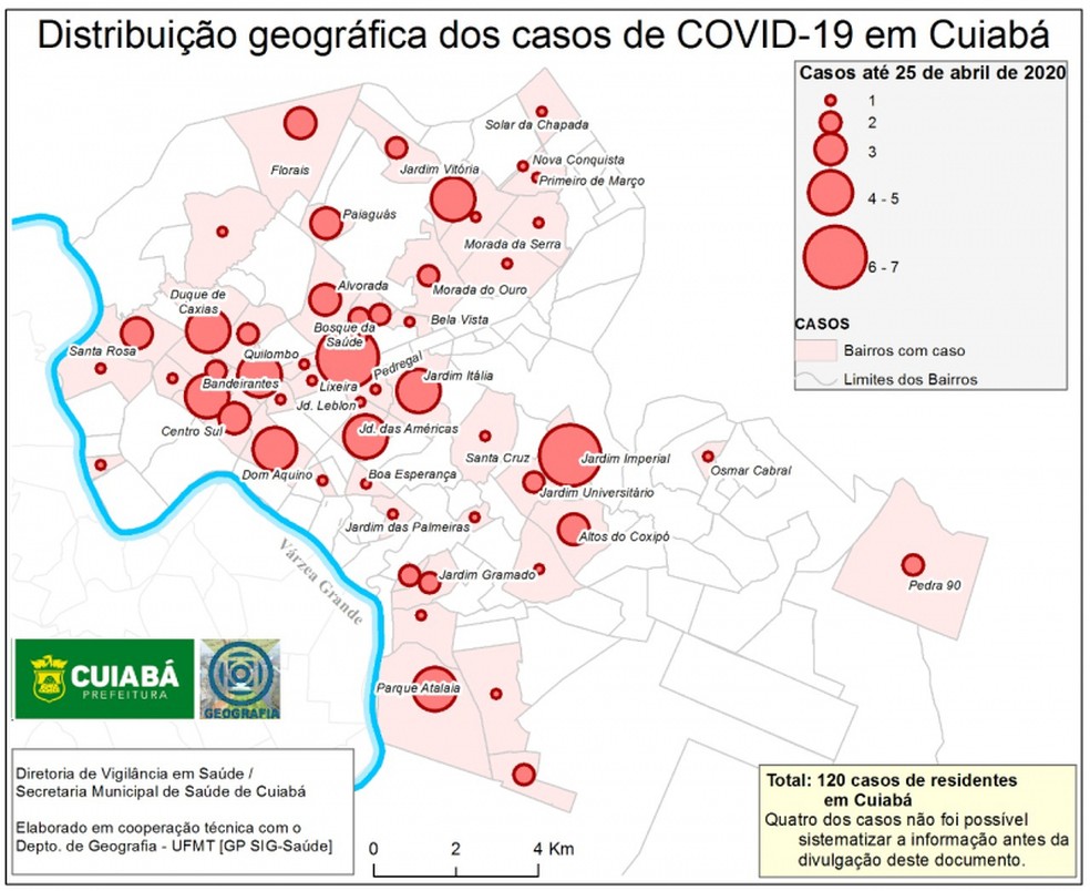 Distribuição geográfica dos casos de Covid-19 em Cuiabá — Foto: Departamento de Geografia/UFMT