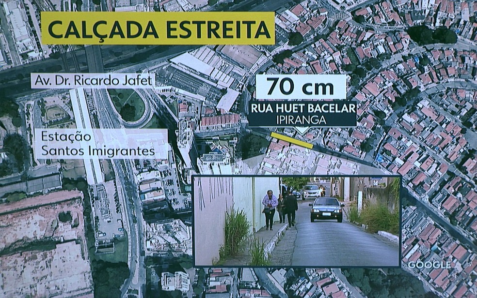 Calçada estreita no Ipiranga tem 70 cm de largura (Foto: TV Globo/Reprodução)