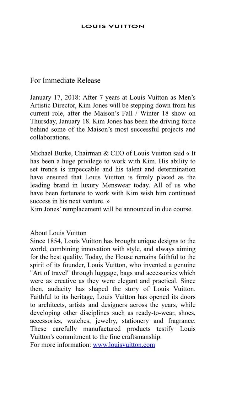 Pronunciamento oficial da LV sobre a saída de Kim Jones (Foto: divulgação)