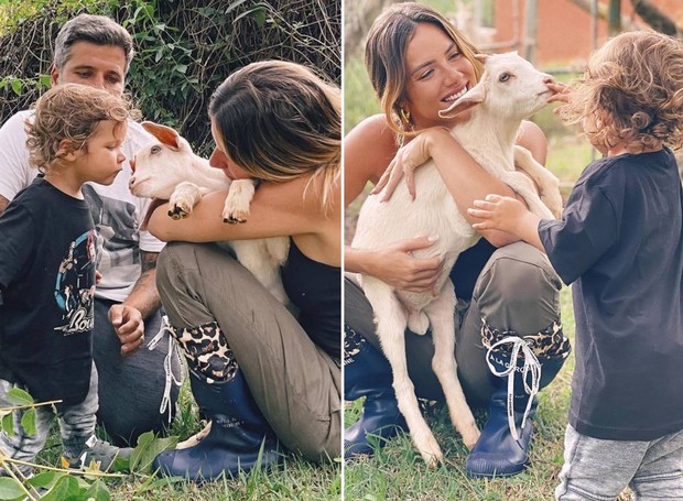 Bruno Gagliasso,  Giovanna Ewbank e Zyan enchem as cabras do rancho de carinho (Foto: Instagram/ @gioewbank/ Reprodução)