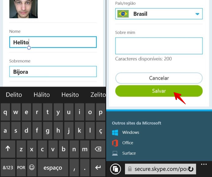 Alterando nome do Skype no Windows Phone (Foto: Reprodu??o/Helito Bijora) 