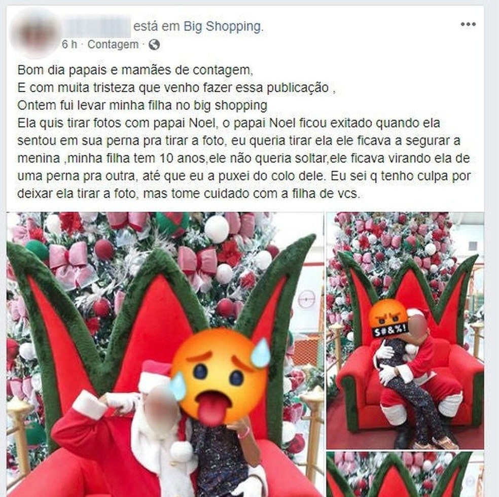 Mãe denuncia nas redes sociais Papai Noel excitado em shopping de Contagem — Foto: Reprodução/Redes sociais