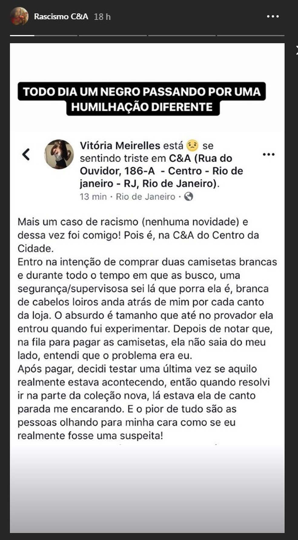 Vitória Meirelles, filha de Ivo Meirelles, relata caso de racismo em loja da C&A (Foto: Reprodução/Instagram)