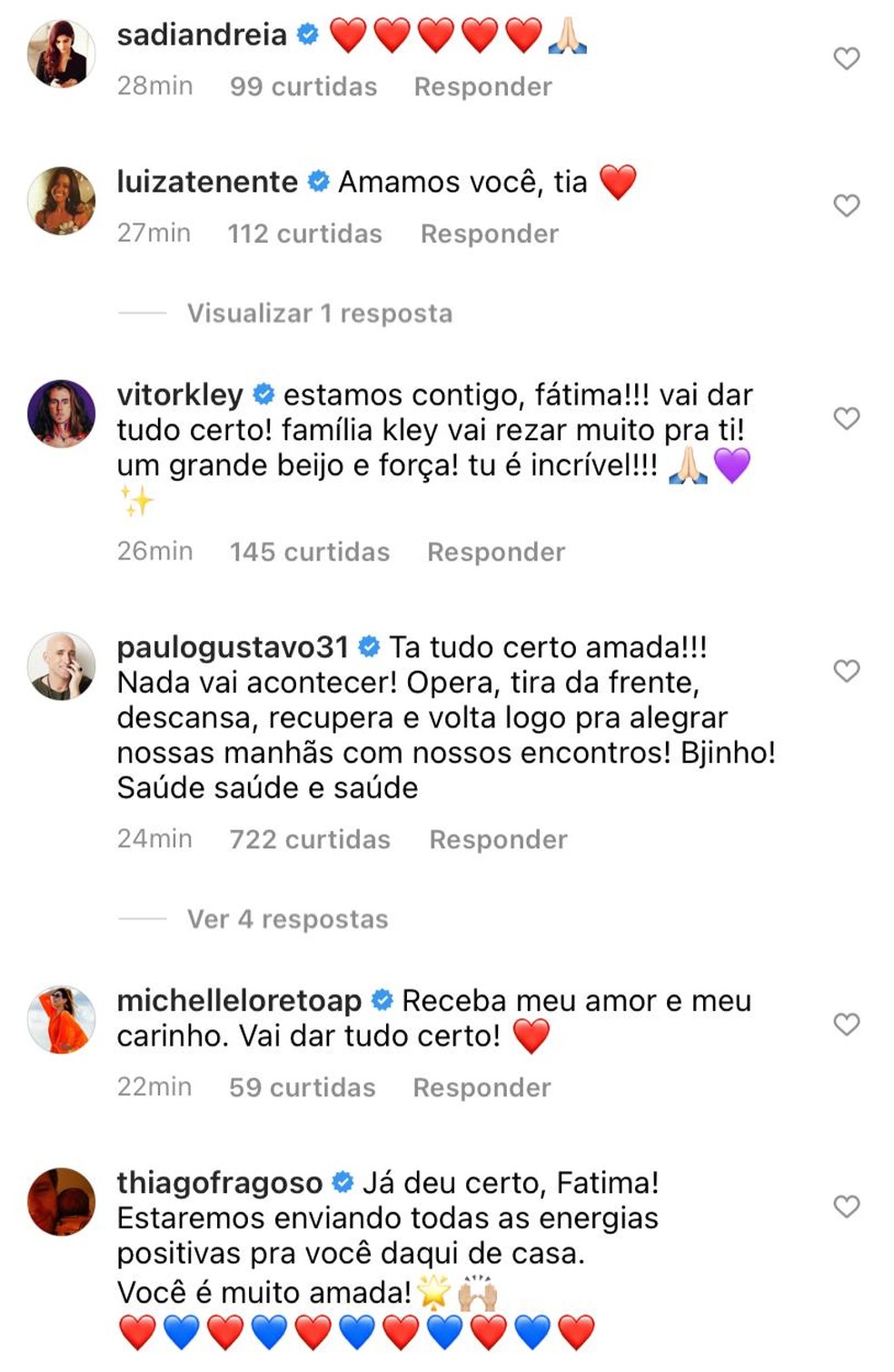Fátima recebe apoio dos amigos famosos — Foto: Reprodução/Instagram