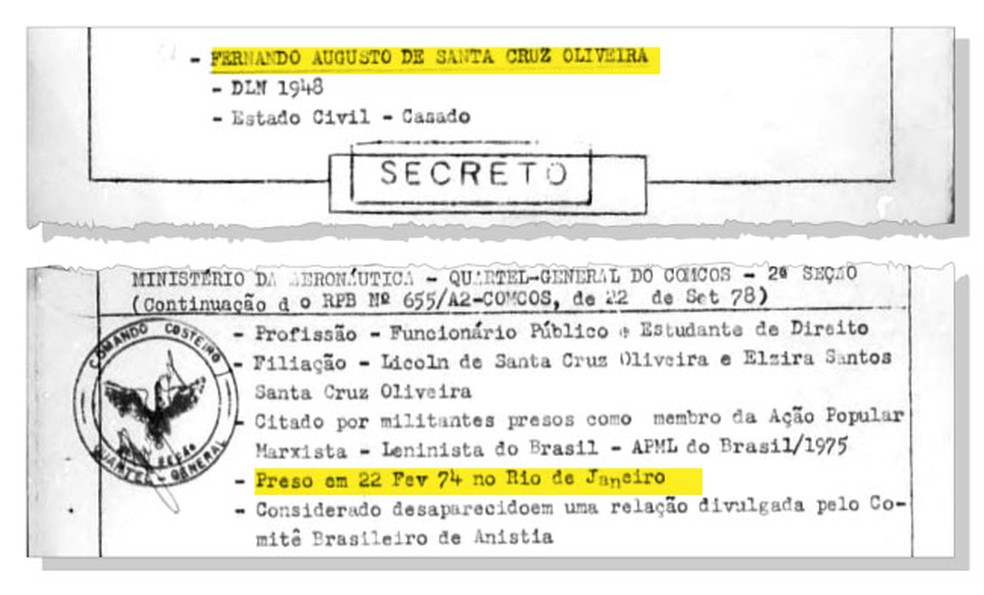 Documento do antigo MinistÃ©rio da AeronÃ¡utica mostra que Fernando foi preso pela ditadura militar um dia antes de ser morto â Foto: ReproduÃ§Ã£o