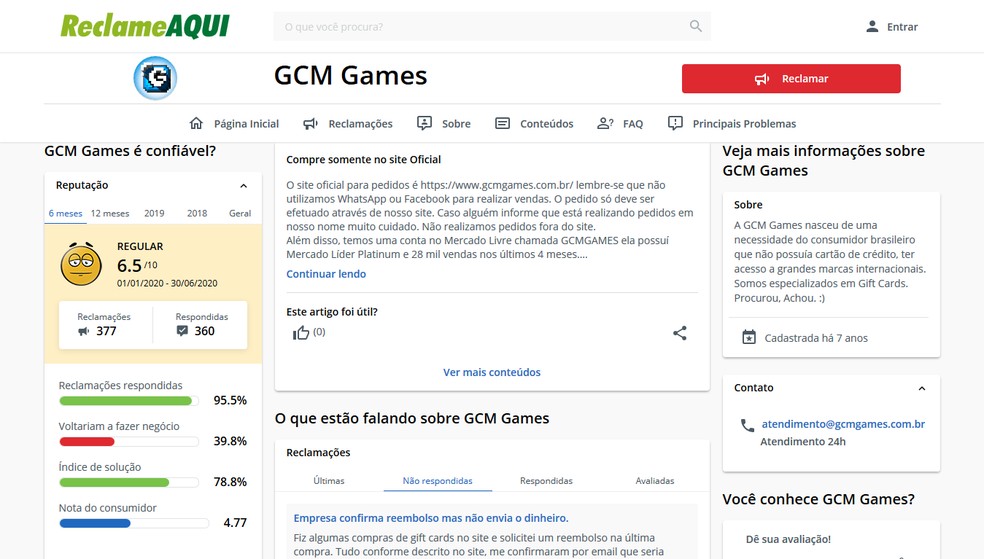 No Reclame Aqui, a GCM Games possui reputação 6.9/10, embora 39.8% indiquem que não voltariam a fazer negócio — Foto: Reprodução/Leandro Eduardo