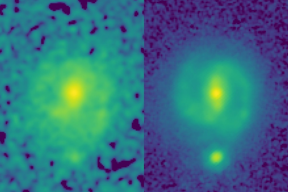 Galáxia EGS-23205 capturada pelo Telescópio Hubble à esquerda e, à direita, imagem feita pelo supertelescópio James Webb. — Foto: Reprodução/NASA/CEERS/Universidade do Texas em Austin