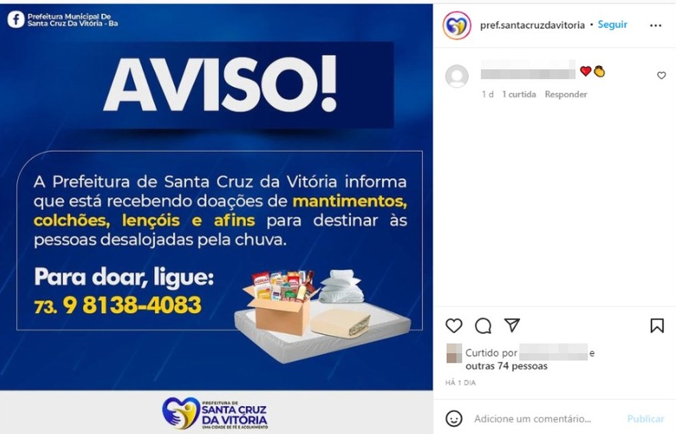 Prefeitura de Santa Cruz da Vitória pediu lençóis, colchões e mantimentos. — Foto: Reprodução / Redes Sociais
