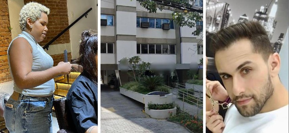 Ana, uma das vítimas (à esquerda); o local onde funciona o salão (no centro); e Diego, o investigado (à direita) — Foto: Divulgação e Reprodução/Arquivo pessoal e Google Maps