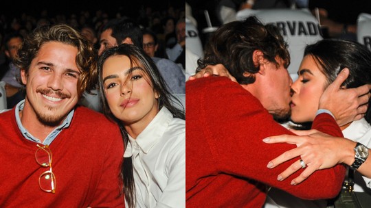 Rômulo Arantes Neto e Mari Saad trocam beijos em pré-estreia em São Paulo