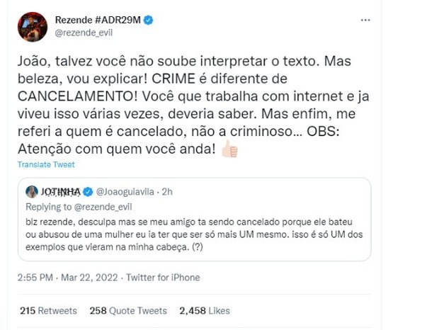 Publicações de João Guilherme e Rezende (Foto: Reprodução/Twitter)