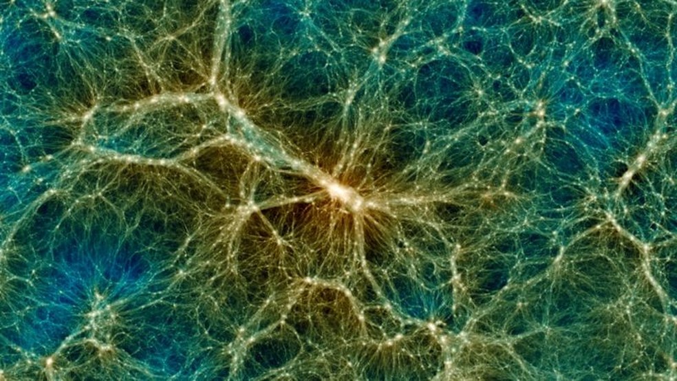 Uchuu nos permite visualizar a matéria escura e como ela é distribuída, por exemplo, em um objeto supermassivo como um grande aglomerado de galáxias (skiesanduniverses.org) — Foto: IAA-CSIC via BBC