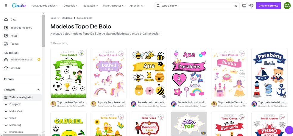 Canva permite editar imagens para criar topos de bolo personalizados — Foto: Reprodução/Caroline Silvestre