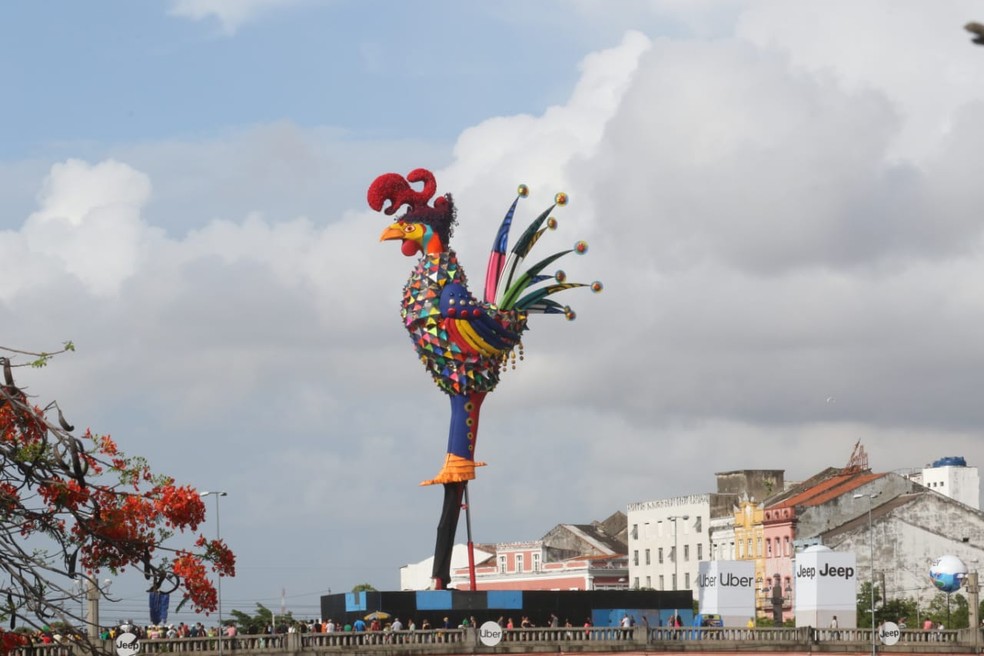Galo Gigante foi montado na Ponte Duarte Coelho, no Centro do Recife &mdash; Foto: Aldo Carneiro/Pernambuco Press