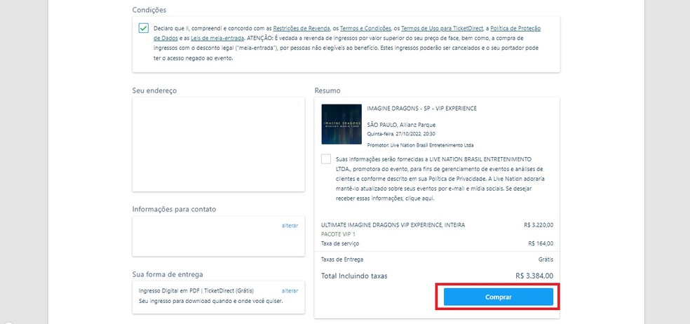 Confirma&ccedil;&atilde;o de informa&ccedil;&otilde;es pessoais e de compra do show do Imagine Dragons no Brasil em 2022 &mdash; Foto: Reprodu&ccedil;&atilde;o/Gabrielle Garcia