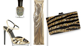 Golden: sandália 'Bianca' da Saint Laurent (£795, na Harrods); esmalte Deborah Lippmann (US$ 20, na Barney's);  vestido Ports 1961 (£1.625, na Harrods); e clutch Edie Parker (US$ 1.395, no Moda Operandi)