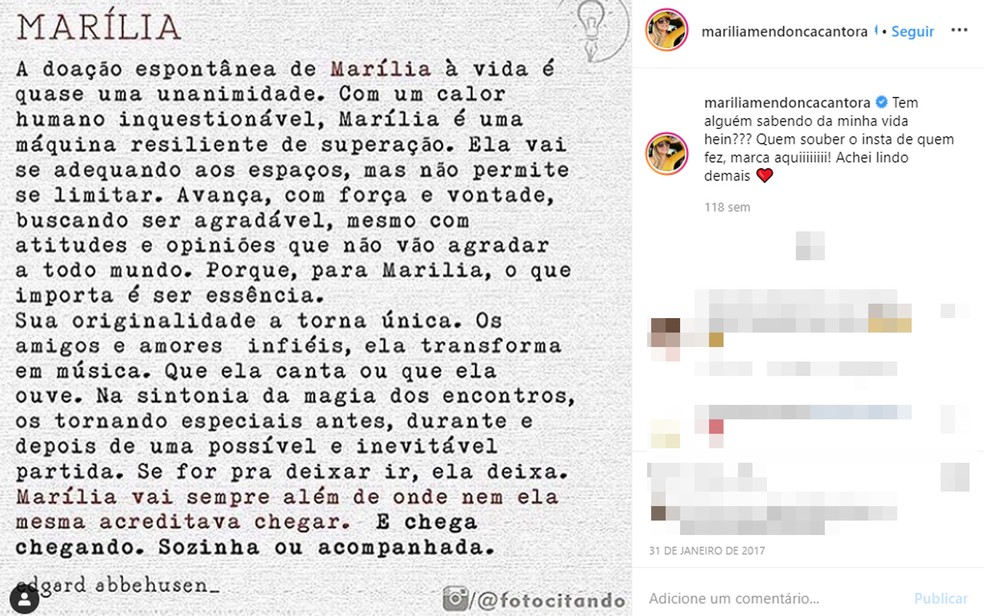 Postagem de Marília Mendonça sobre o texto do escritor baiano Edgard Abbehusen  — Foto: Reprodução/Instagram