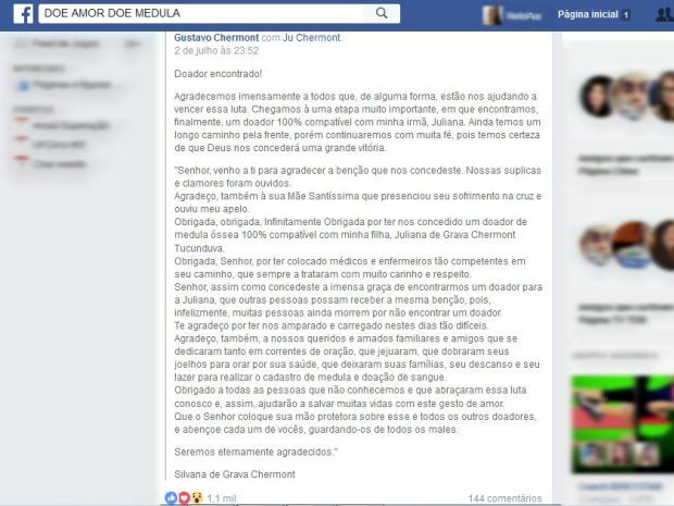 Notícia da localização de doador foi dada pela mãe de Juliana (Foto: Reprodução/Facebook)