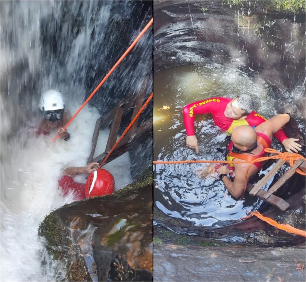 Fluxo de água antes e depois do posicionamento de barreia  — Foto: Bombeiros/Divulgação 