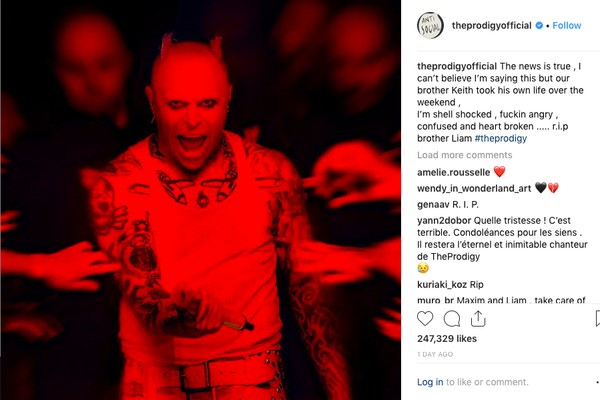 O post feito na página da banda The Prodigy no Instagram tornando pública a morte do músico Keith Flint (Foto: Instagram)