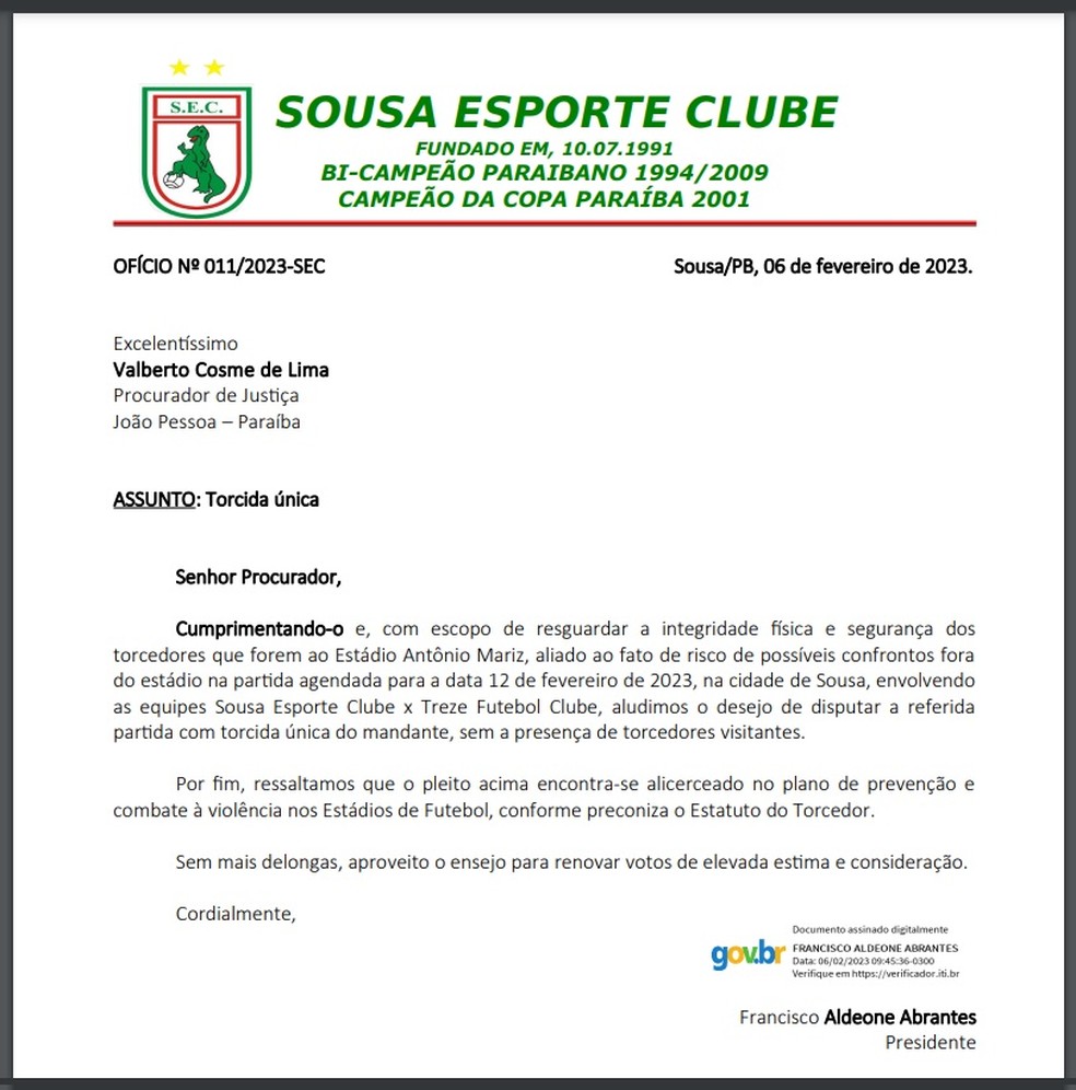Ofício enviado pelo Sousa para o Ministério Público — Foto: Divulgação / Sousa