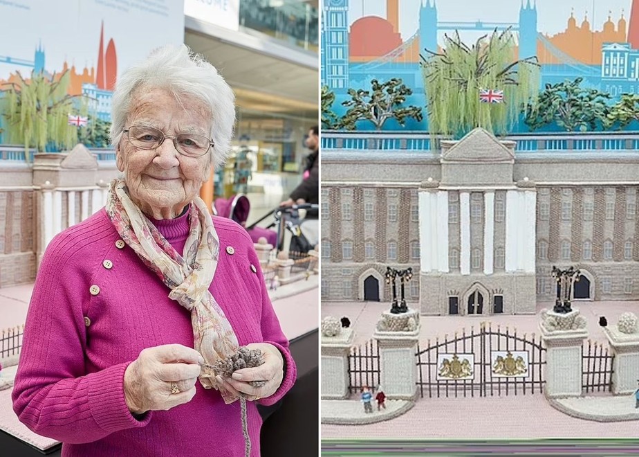 Uma idosa inglesa de 93 anos criou uma réplica do Palácio de Buckingham feita de tricô, rica em detalhes