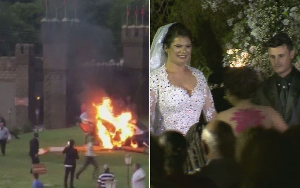 Mesmo apÃ³s acidente e helicÃ³ptero pegar fogo, casamento ocorreu em Vinhedo (Foto: ReproduÃ§Ã£o/EPTV)
