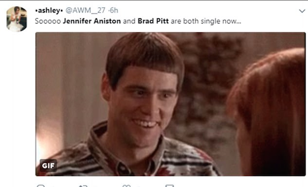 Um fã cogitando a retomada do relacionamento da atriz Jennifer Aniston com o ator Brad Pitt após o anúncio do término do casamento da ex-protagonista de Friends com o ator Justin Theroux (Foto: Twitter)