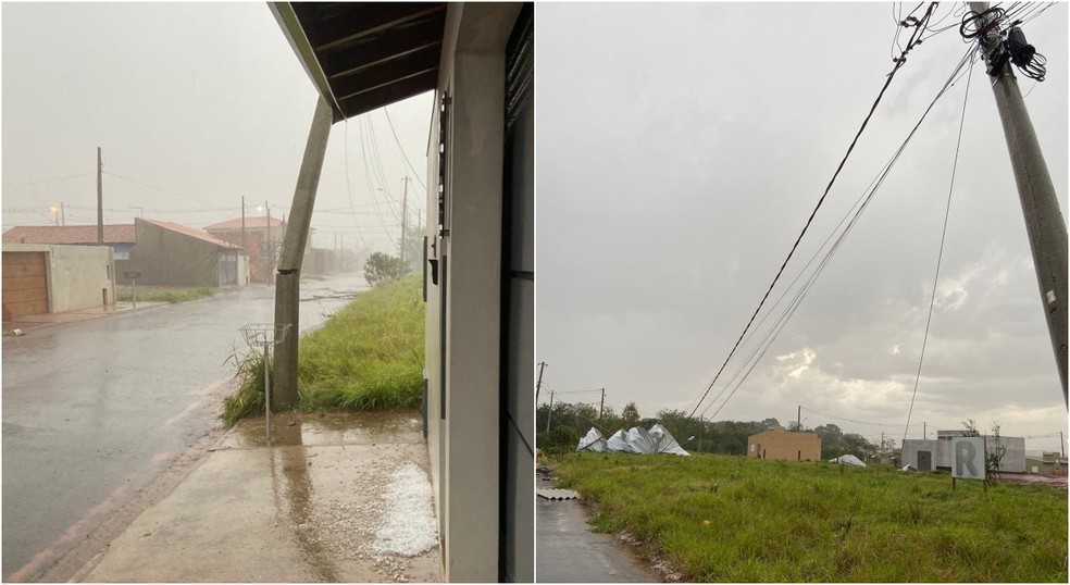 A chuva com granizo derrubou postes e fios elétricos em Cerqueira César (SP). — Foto: Renato Ravagnani/Redes Sociais