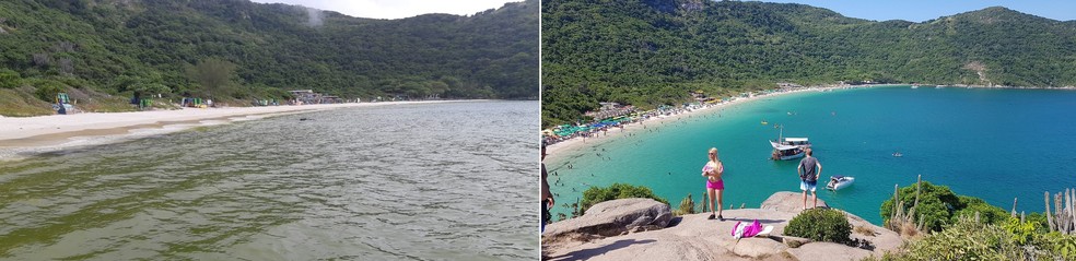 Praia do Forno foi uma das que teve a coloração da água alterada — Foto: Guarda Ambiental Marítima/Divulgação (foto 1) e Rodrigo Marinho/G1 (foto 2)