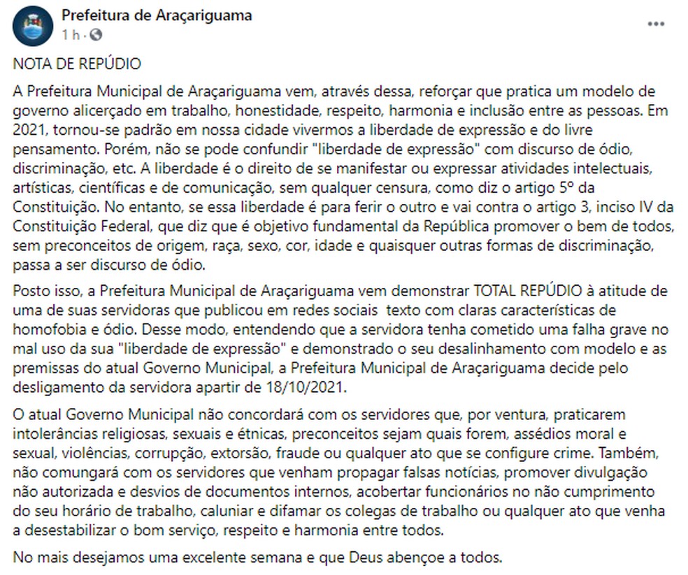 Prefeitura de Araçariguama (SP) publicou uma nota oficial sobre o caso — Foto: Reprodução
