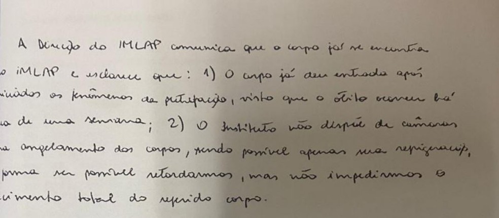 Oficio assinado por perita aponta que IML não tem como congelar corpo de Adriano — Foto: Reprodução