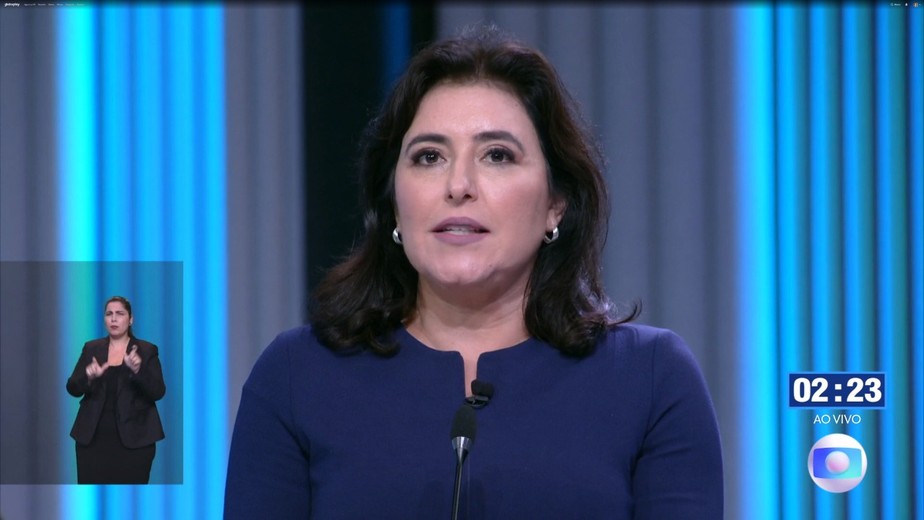 Simone Tebet (MDB) no debate da Tv Globo.