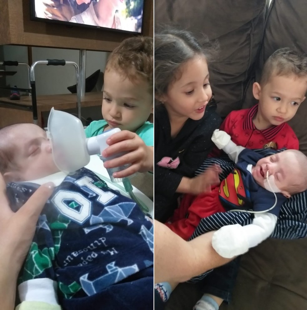 Heitor em casa com os irmãos em Assis após ficar quase 5 meses internado  — Foto: Arquivo pessoal 