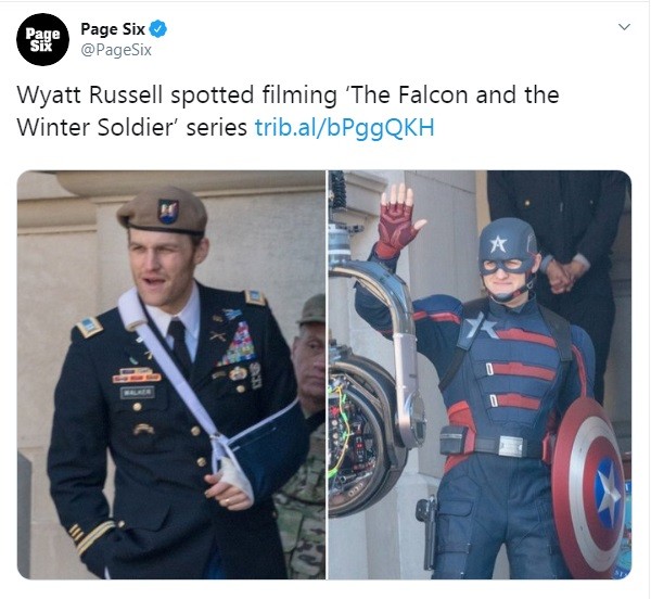 Agente Americano segurando o escudo do Capitão América em fotos dos bastidores da série Falcão e Soldado Invernal (Foto: Twitter)