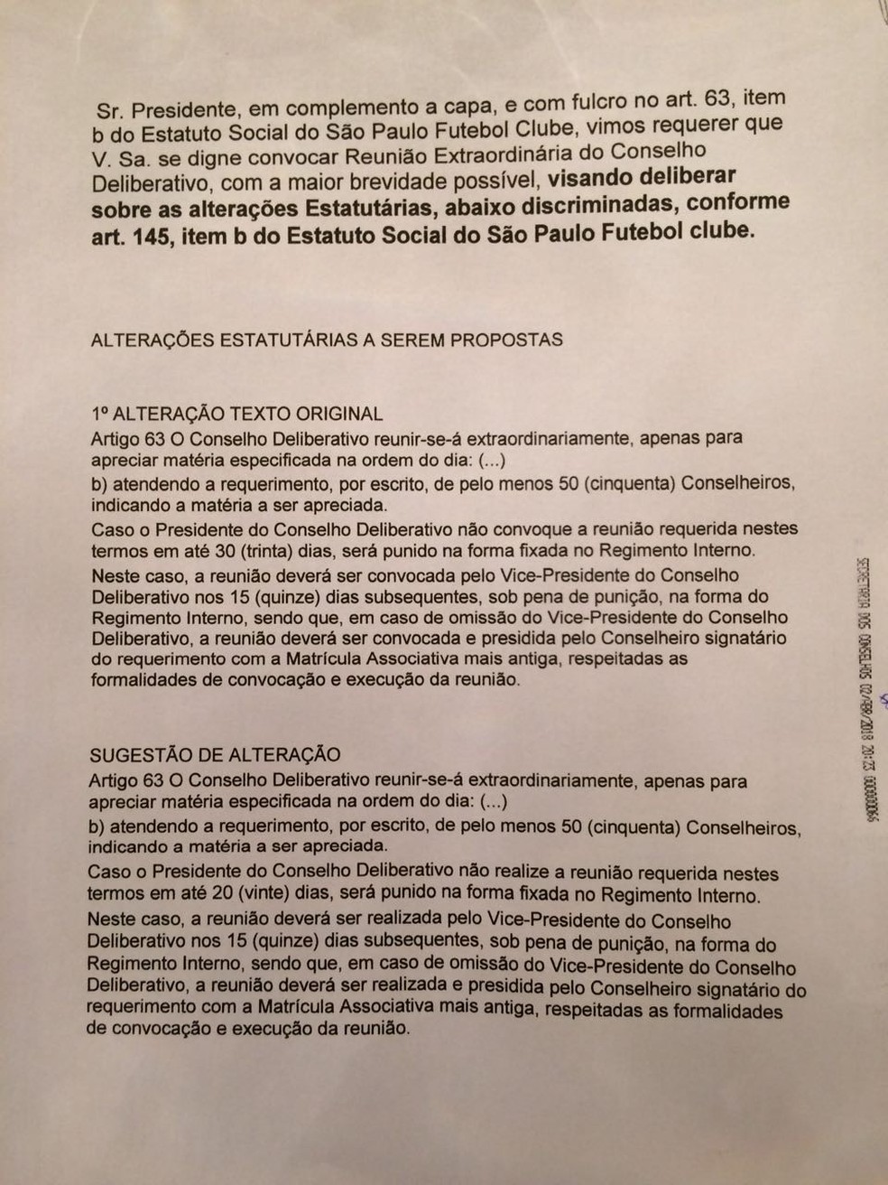 Requerimento de Roberto Natel entregue ao Conselho do São Paulo (Foto: Reprodução)