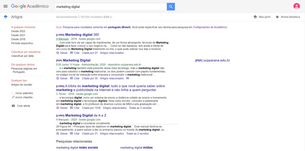 Google Acadêmico: possibilita buscar artigos e referências em qualquer idioma — Foto: Reprodução/Maira Soares