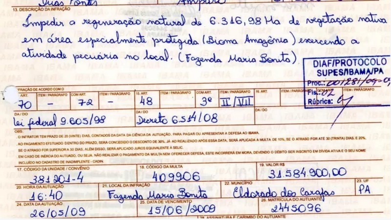 Autuação de fazenda em 2009 no Pará tinha 'peso histórico', segundo um servidor, mas acabou prescrita (Foto: REPRODUÇÃO via BBC)