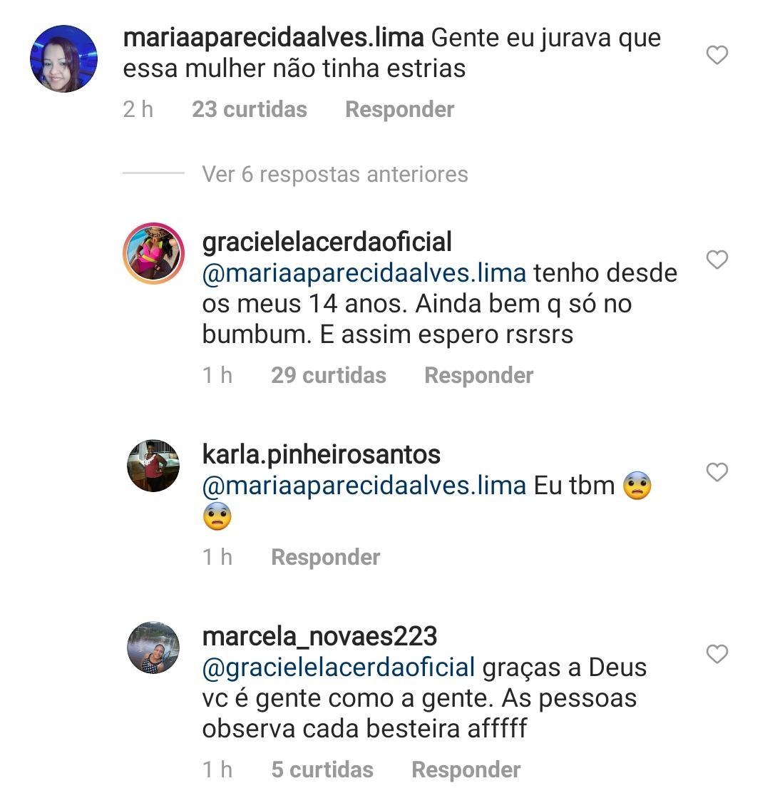 Comentários no post foram sobre as estrias de Graciele, que respondeu alguns (Foto: Reprodução/Instagram)