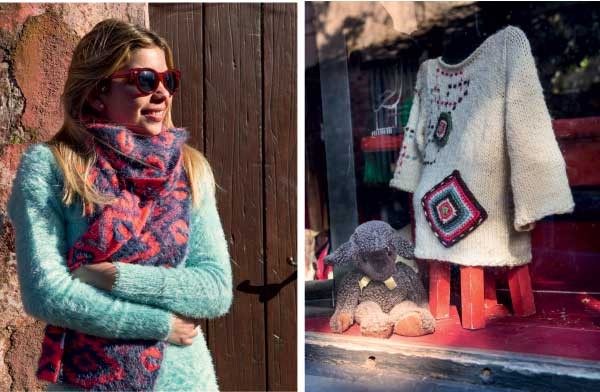 A galerista Pamela Reisch, que se mudou para Colônia há um ano, e  vitrine com produtos de lã (Foto: Marcio Scavone)