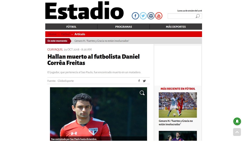 Estadio, do Equador, destaca morte do meia Daniel â€” Foto: ReproduÃ§Ã£o