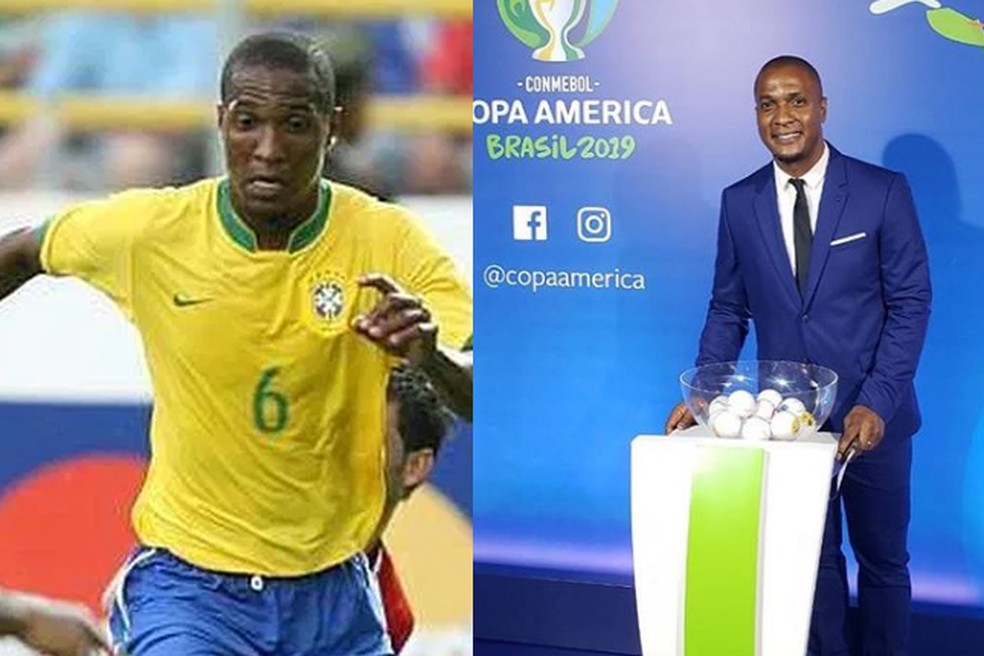 Gilberto durante a Copa América de 2007 e no sorteio para a edição de 2019 — Foto: Divulgação / CBF / Reprodução / Instagram