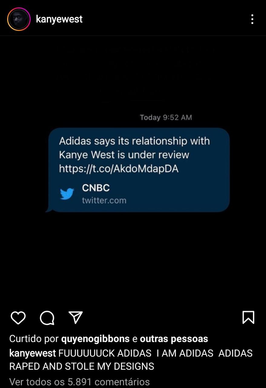 Kanye West faz comentário polêmico contra a Adidas no Instagram (Foto: Reprodução/Instagram)